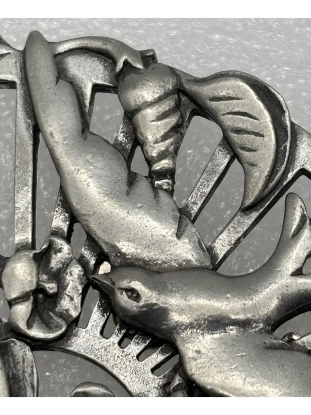 Vintage Bird in Flight Floral Fan Brooch Seagull Pewter Canada Late 1980s Signed